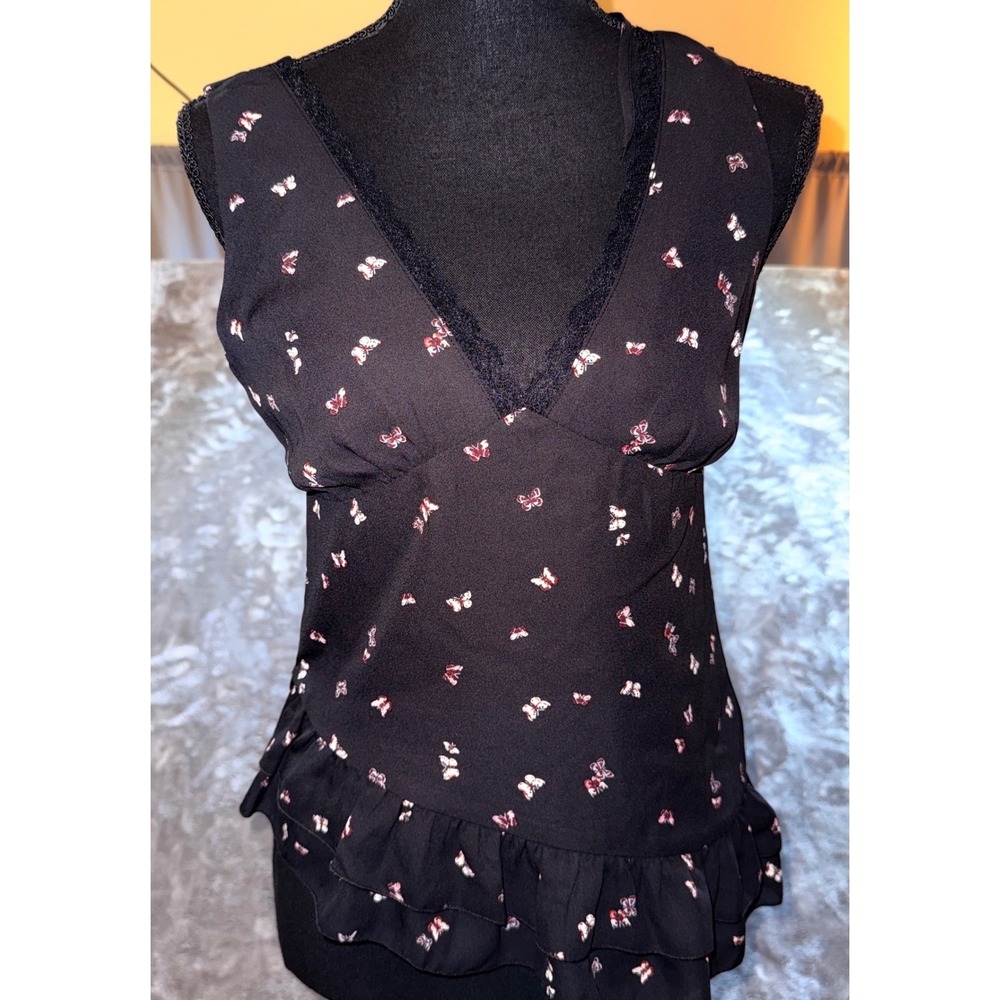 Wild Fable‎ Butterfly Camisole Women S Black NEW Lace Trim Ruffle Hem Tie Back